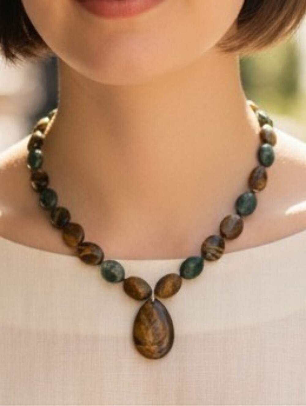 Tiger's Eye Moss Agate Teardrop Pendant Necklace